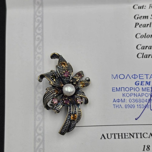 Vintage brooch with natural tourmalines and pearl, like new, silver 925 gold plated
