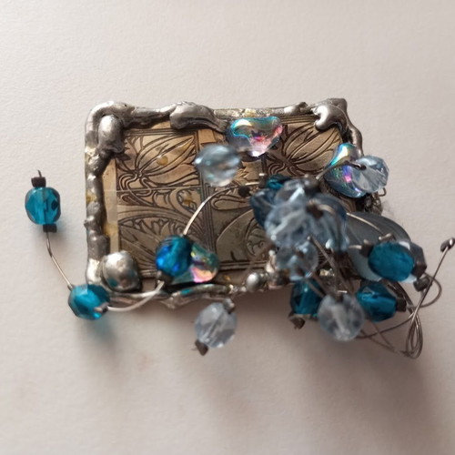 Metal handmade vintage brooch with blue and iridescent beads new