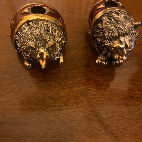 Hedgehog and lion set used, miniature enamel figurines