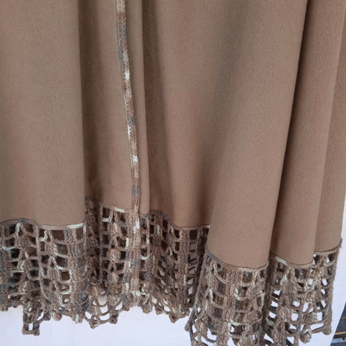 Cape with hood and handmade knitted trim like new, beige