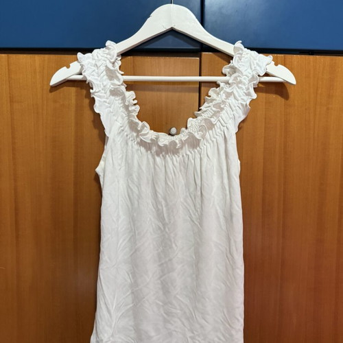 White blouse with ruffles on sleeves, used, size 46
