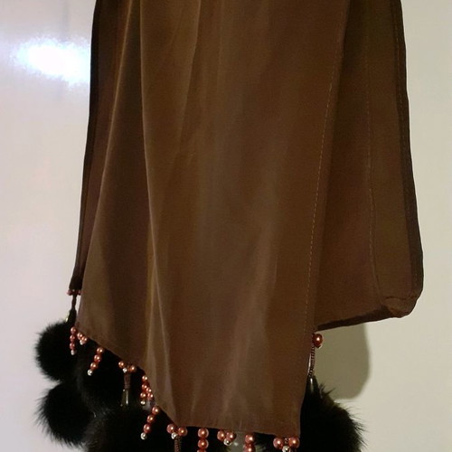 Satin scarf used with 8 fur pompons brown