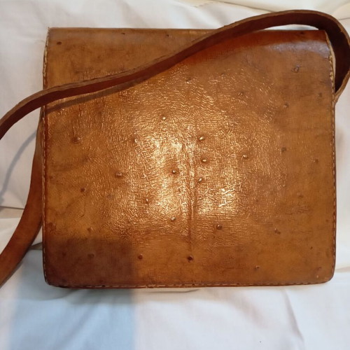 Vintage Ostrich Leather Shoulder Bag, Genuine Embossed Skin, Brown
