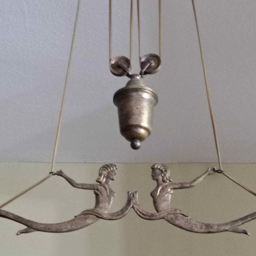 Solid brass two-light ceiling lamp with counterweight and handmade glass