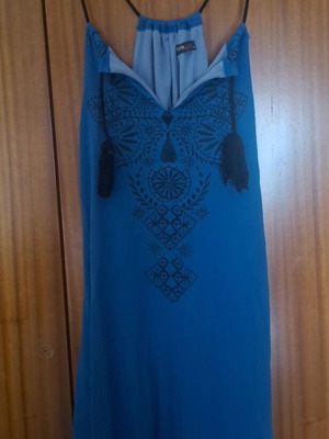 Blue dress with straps and modern front design, like new, S/M