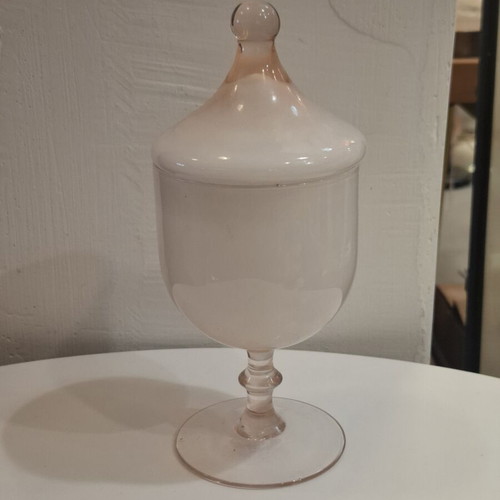 Vintage glass apothecary jar with lid and foot, pink opaline, like new