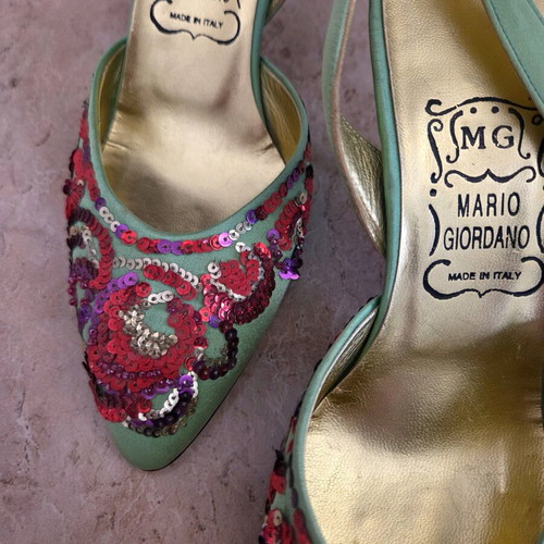 Mario Giordano Italian Vintage Slingback Heels with Sequin Embroidery