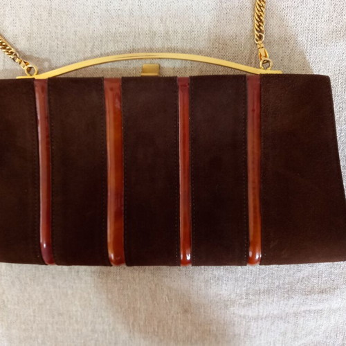 Women's evening shoulder bag used brown suede with stripes