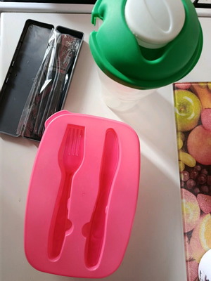 Set of 2 used salad tupperware with cutlery and case