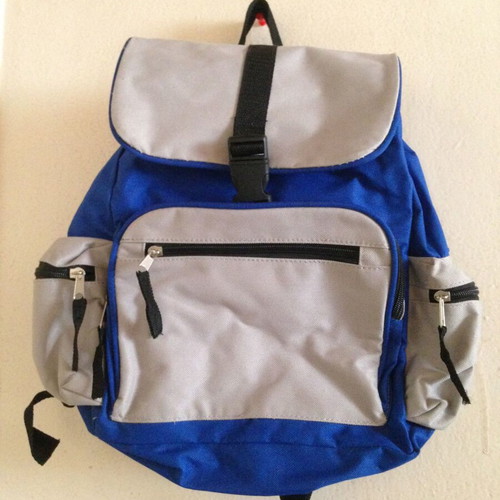 Unisex blue/gray backpack used with pockets