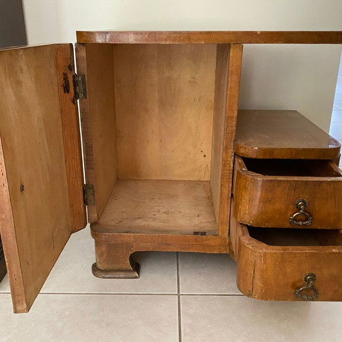Vintage wooden Art Deco nightstand used with cabinet and 2 drawers