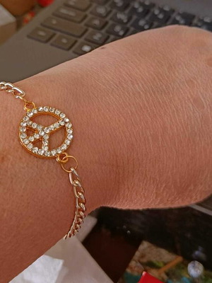 Handmade peace sign bracelet with zircon and steel chain gold new