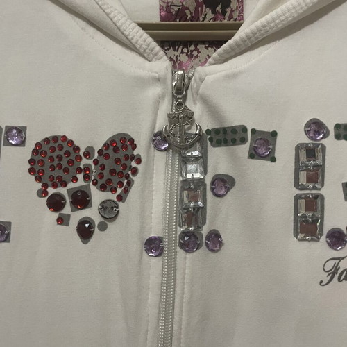 White cotton hoodie jacket with zipper and colorful beads print, like new