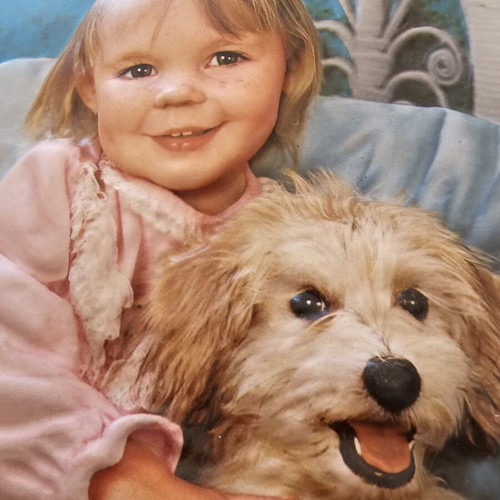 3D Embossed Vintage Picture of Child and Maltipoo Dog, New