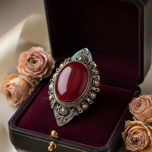 Handmade vintage silver brooch with carnelian stone used