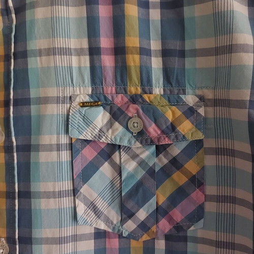 Men's checked shirt with short sleeves used, size Large, turquoise and pink