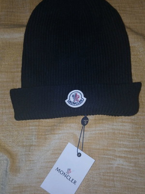 Moncler hat new, black rib knit with authentic logo