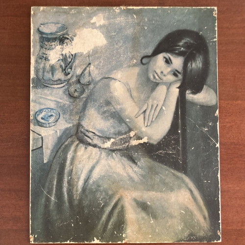 Vintage mid-century melancholic girl print on masonite board used