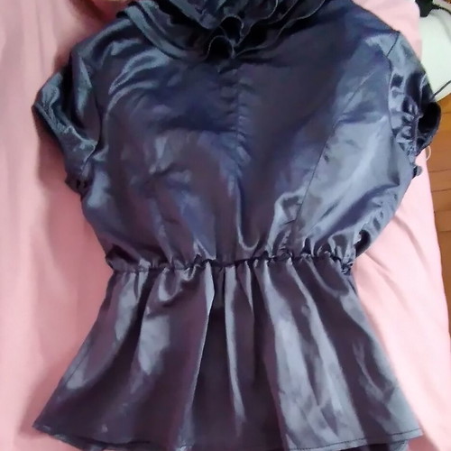 Women's satin blouse dark gray-blue with ruffles size L like new