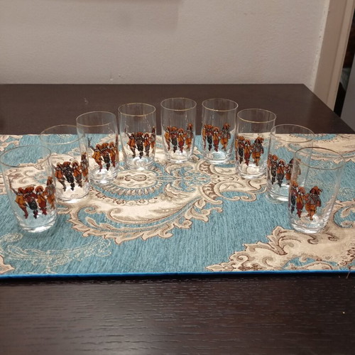 Bohemian vintage set of 9 glasses with Three Musketeers theme, like new