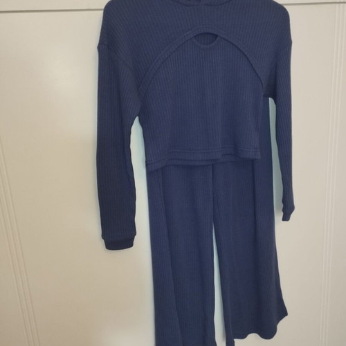 Rib tracksuit set like new, blue, size 14 with crop top and wide pants