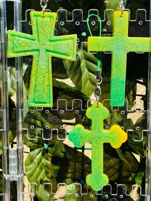Handmade keychain crosses set of 3 from resin, new, green and gold