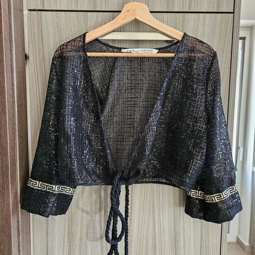 Alexandra Katsaiti top used, black drape with sequins and gold details