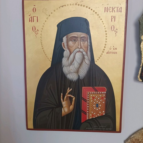 Εικόνα Αγίου Νεκταρίου αγιογραφία σαν καινούργιο, ξύλο καρυδιάς 25x35cm