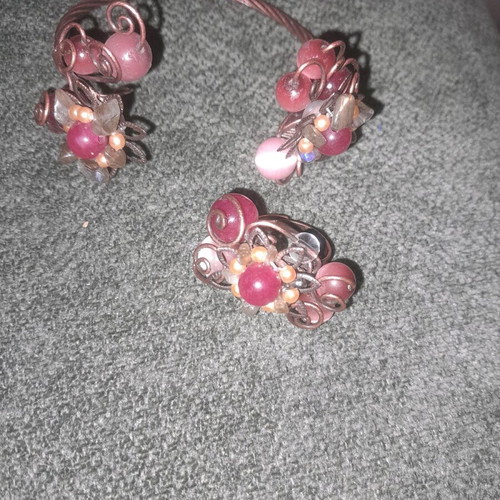 Copper bracelet and ring set like new with pink and green stones
