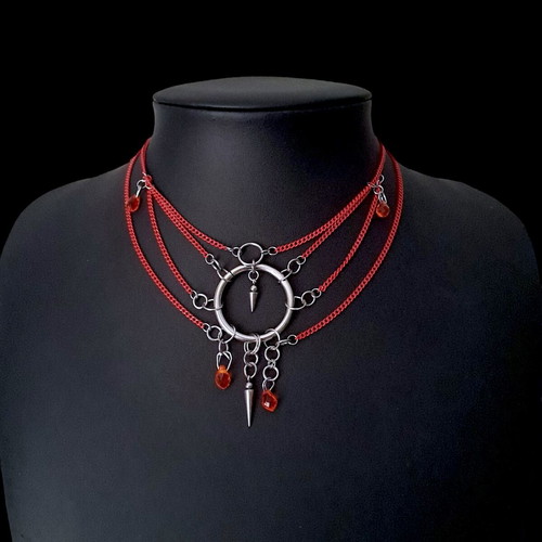 Layered Necklace new with red chains and stainless steel accents