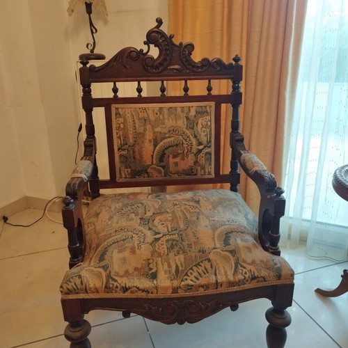 Antique living room set used, carved dark wood sofa and 2 armchairs