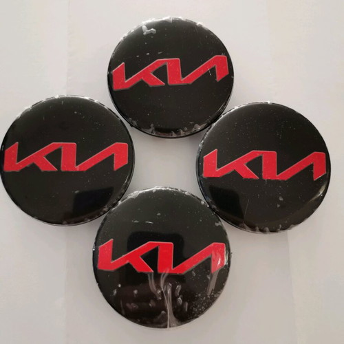 Kia 58mm wheel center caps new, black with red letters