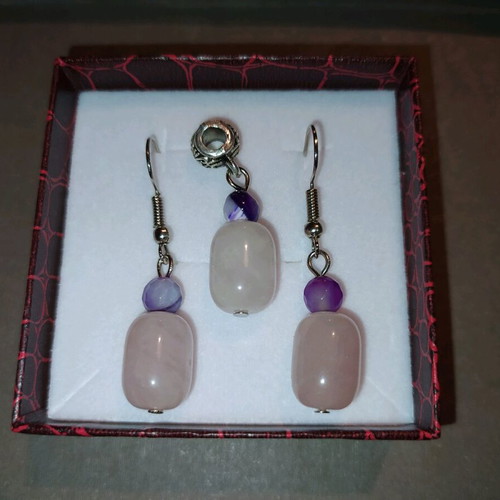 Jewelry set with rose quartz and agate earrings and pendant like new