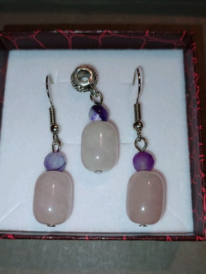 Jewelry set with rose quartz and agate earrings and pendant like new