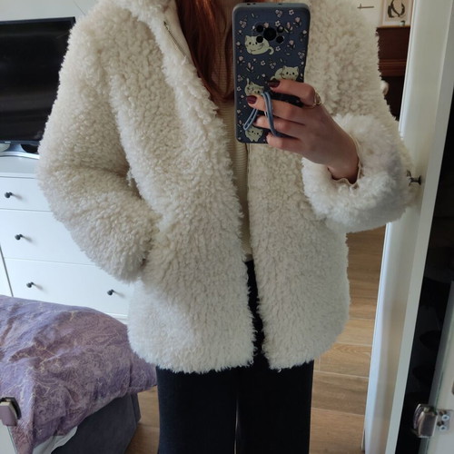 Zara fluffy teddy white bomber jacket oversized hooded XS like new
