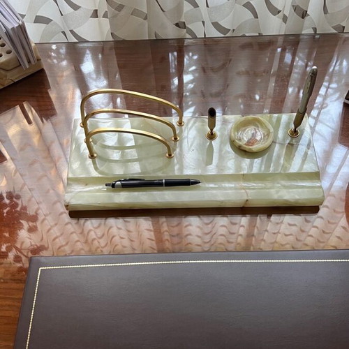 Alabaster desk organizer used in beige and green