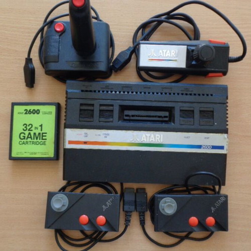 Atari 2600 Jr. console used with 32-in-1 cartridge and controllers