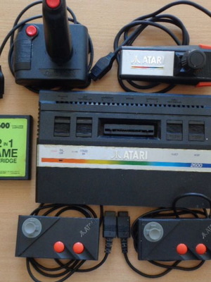 Atari 2600 Jr. console used with 32-in-1 cartridge and controllers