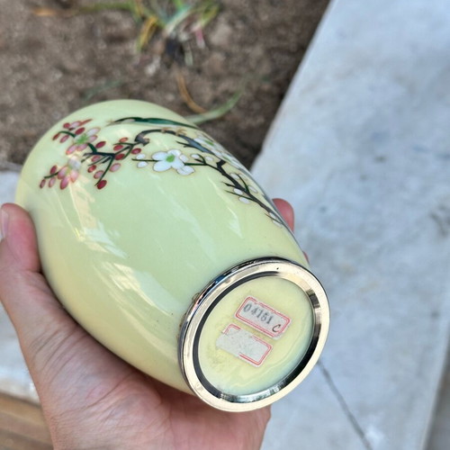 Vintage Japanese Cloisonné Sato vase used with cherry blossom and bird design