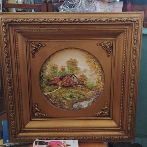 Painted Bavarian porcelain plate with gilded frame like new