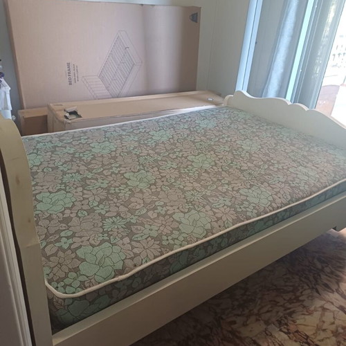 Semi-double bed with mattress used, solid wood chalk white