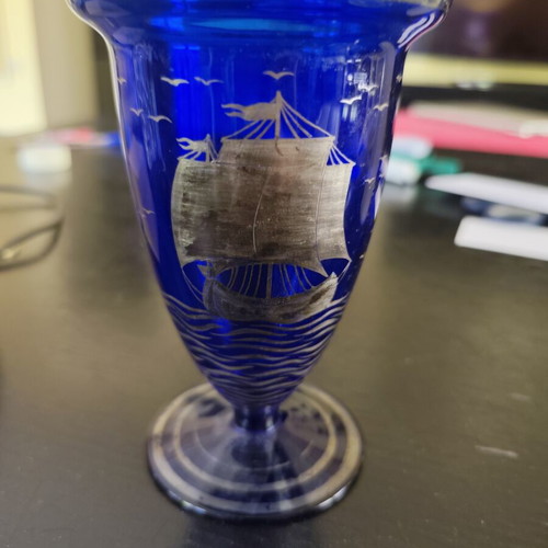 Vintage cobalt blue vase with silver ship used, 15cm