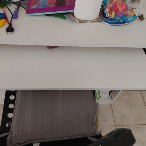 White bookshelf desk with cabinet and keyboard drawer, gift chair