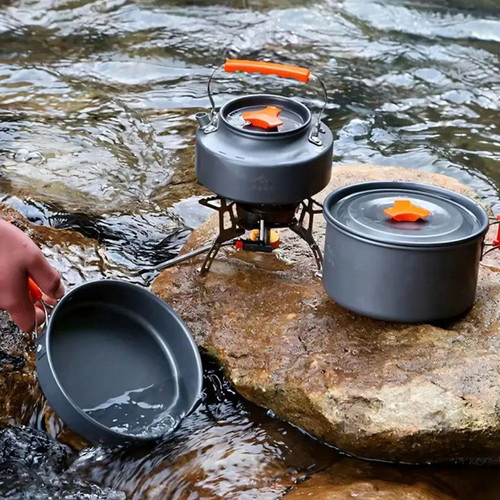 Camping cooking set XXL 15 pieces, anodized aluminum, new