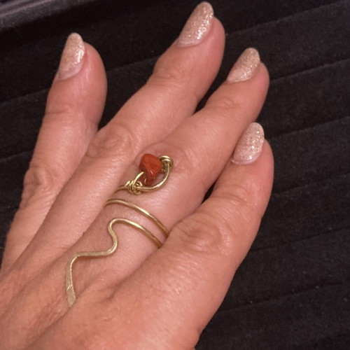 Handmade jewelry set with red jasper chips, brass earrings and ring