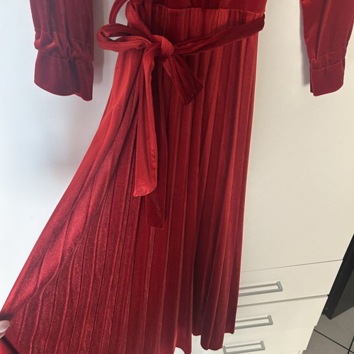 Red midi velvet dress like new with wrap bust and pleated skirt