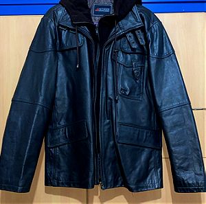 Leather/Δερμάτινο jacket ανδρικό με εφέ fleece ζακετας και κουκούλα