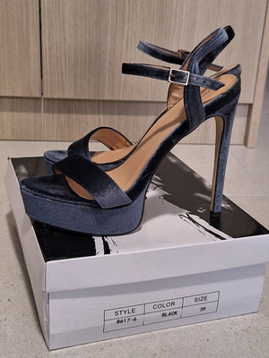 Blue velvet high-heel sandals new with 13cm stiletto heel, size 39