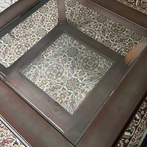 Coffee table like new walnut wood with brass lion legs and glass top