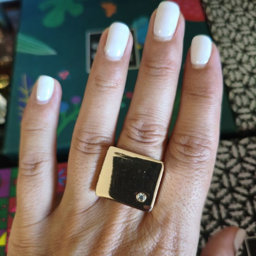 Chunky square ring gold steel with rhinestone, like new